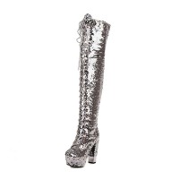Round Toe Chunky Heels Bling Sequin Lace Up Thigh Highs Platforms Boots - Silver Faux Leather