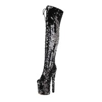 Round Toe Stiletto Heels Bling Sequin Lace Up Thigh Highs Platforms Boots - Black Faux Leather
