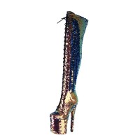 Round Toe Stiletto Heels Bling Sequin Lace Up Thigh Highs Platforms Boots - Gold Faux Leather