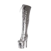 Round Toe Stiletto Heels Bling Sequin Lace Up Thigh Highs Platforms Boots - Silver Faux Leather