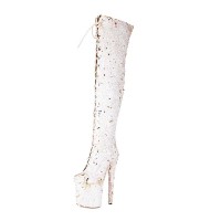 Round Toe Stiletto Heels Bling Sequin Lace Up Thigh Highs Platforms Boots - White Faux Leather