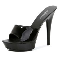 Peep Toe Stiletto Heels Low Platforms Comfortable Slippers Sandals - Black Patent