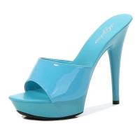 Peep Toe Stiletto Heels Low Platforms Comfortable Slippers Sandals - Blue Patent