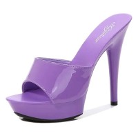 Peep Toe Stiletto Heels Low Platforms Comfortable Slippers Sandals - Purple Patent
