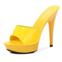 Peep Toe Stiletto Heels Low Platforms Comfortable Slippers Sandals - Yellow Patent
