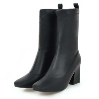 Square Toe Chunky heels Ankle High Classic Boots - Black Faux Leather
