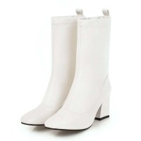 Square Toe Chunky heels Ankle High Classic Boots - White Faux Leather
