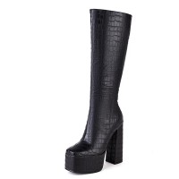 Square Toe Chunky Heels Platforms Side Zipper Knee Highs Crocodile Pattern Boots - Black