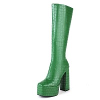Square Toe Chunky Heels Platforms Side Zipper Knee Highs Crocodile Pattern Boots - Green