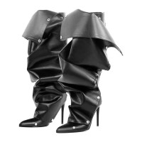 Pointed Toe Pleated Stiletto Heels Back Zipper Fashion Buttons Removable Boots - Black Faux Leather