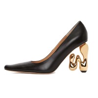 Half Square Pointed Toe Strange W Heels Pumps - Black Leather