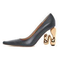 Half Square Pointed Toe Strange W Heels Pumps - Dark Gray Leather