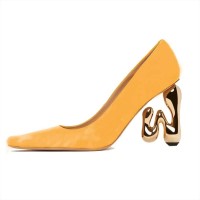 Half Square Pointed Toe Strange W Heels Pumps - Gold Leather
