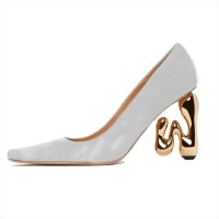 Half Square Pointed Toe Strange W Heels Pumps - Silver Leather