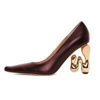 Half Square Pointed Toe Strange W Heels Pumps - Wine Leather