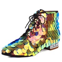 Pointed Toe Low Heels Side Zipper Lace Up Sequined Ankle Highs Loafers - Gold