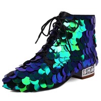 Pointed Toe Low Heels Side Zipper Lace Up Sequined Ankle Highs Loafers - Green