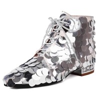 Pointed Toe Low Heels Side Zipper Lace Up Sequined Ankle Highs Loafers - Silver