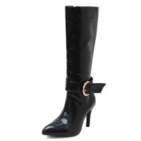 Pointed Toe Chunky Heels Side Zipper Knee Highs Ankle Decorated Straps Elegant Boots - Black