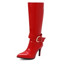 Pointed Toe Chunky Heels Side Zipper Knee Highs Ankle Decorated Straps Elegant Boots - Red