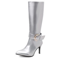 Pointed Toe Chunky Heels Side Zipper Knee Highs Ankle Decorated Straps Elegant Boots - Silver