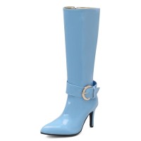 Pointed Toe Chunky Heels Side Zipper Knee Highs Ankle Decorated Straps Elegant Boots - SkyBlue