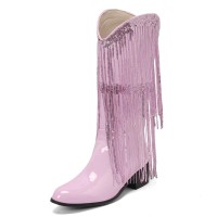 Pointed Toe Chunky Low Heels Knee Highs Tassel Western Cowboy Festival Boots - Pink