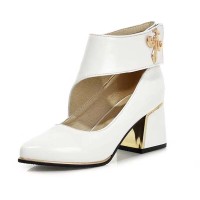 Pointed Toe Chunky Heels Metal Decal Hollowed Ankle Straps Pumps - White Faux Leather