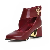 Pointed Toe Chunky Heels Metal Decal Hollowed Ankle Straps Pumps - Wine Faux Leather