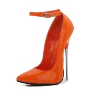 Pointed Toe Stiletto Metal Heels Ankle Buckle Straps Pumps - Orange Patent