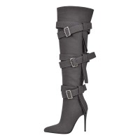 Pointed Toe Buckle Straps Over The Knee Thigh High Stiletto Heels Boots - Gray Canvas