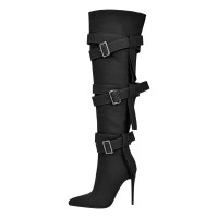 Pointed Toe Buckle Straps Over The Knee Thigh High Stiletto Heels Boots - Black Canvas