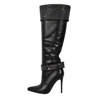 Pointed Toe Stiletto Heels Rhinestones Straps Knee Highs Winter Booties - Black Faux Leather