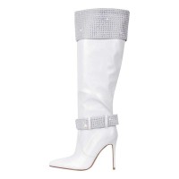 Pointed Toe Stiletto Heels Rhinestones Straps Knee Highs Winter Booties - White Faux Leather