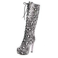 Round Toe Snake Pattern Stiletto Heels Knee Highs Lace Up Platforms Boots - White Black Patent