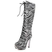 Round Toe Zebra Pattern Stiletto Heels Knee Highs Lace Up Platforms Boots - White Black Patent