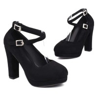 Round Toe Suede Surface Low Platforms Chunky Cuban Heels Ankle Cross Straps Pumps - Black Flock