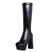 Round Toe Chunky Heels Platforms Knee Highs Elastic Boots - Black or White Faux Leather