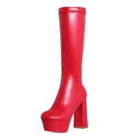Round Toe Chunky Heels Platforms Knee Highs Elastic Boots - Red Faux Leather
