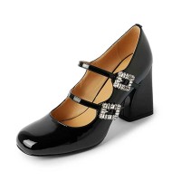 Round Toe Chunky Heels Double Buckle Rhinestones Straps Korean Style Mary Janes Pumps - Black Leather