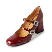 Round Toe Chunky Heels Double Buckle Rhinestones Straps Korean Style Mary Janes Pumps - Wine Leather