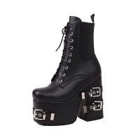Square Toe Chunky Heels Gothic Punk Metal Belt Buckle Lace Up Ankle Highs Boots - Black Faux Leather