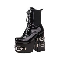 Square Toe Chunky Heels Gothic Punk Metal Belt Buckle Lace Up Ankle Highs Boots - Black Patent