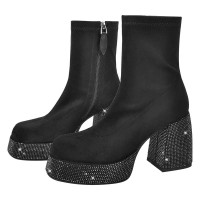 Round Toe Side Zipper Chunky Rhinestones Heels Platforms Ankle Highs Boots - Black Satin