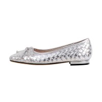 Square Toe Slip On Retro Butterfly Knot Wicker Pattern Flats - Silver Faux Leather