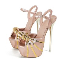 Peep Toe Platforms Ankle Buckle Straps Golden Stiletto Heels Club Sandals - Apricot Faux Leather