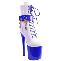 Round Toe Stiletto Heels Ankle Highs Lace Up Belt Buckle Padlocks Booties  - Blue Patent