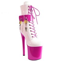 Round Toe Stiletto Heels Ankle Highs Lace Up Belt Buckle Padlocks Booties  - HotPink Patent