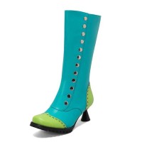 Round Toe Knee High Vintage Side Zipper Cubic Kitten Heels Rivets Boots - Green Faux Leather