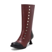 Round Toe Knee High Vintage Side Zipper Cubic Kitten Heels Rivets Boots - Wine Red Faux Leather